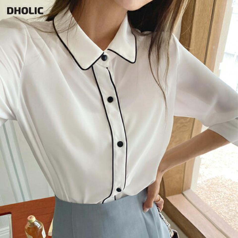 配色ラインカラーブラウス・t67525 レディース 【bl】トップス ブラウス 七分袖 七分丈 7分袖 7分丈 ライン 配色 襟 きれいめ シック 大人 オフィスカジュアル パイピング 春 秋 韓国ファッション