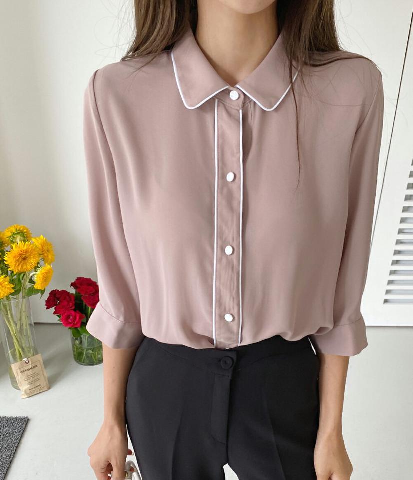 配色ラインカラーブラウス・t67525 レディース 【bl】トップス ブラウス 七分袖 七分丈 7分袖 7分丈 ライン 配色 襟 きれいめ シック 大人 オフィスカジュアル パイピング 春 秋 韓国ファッション