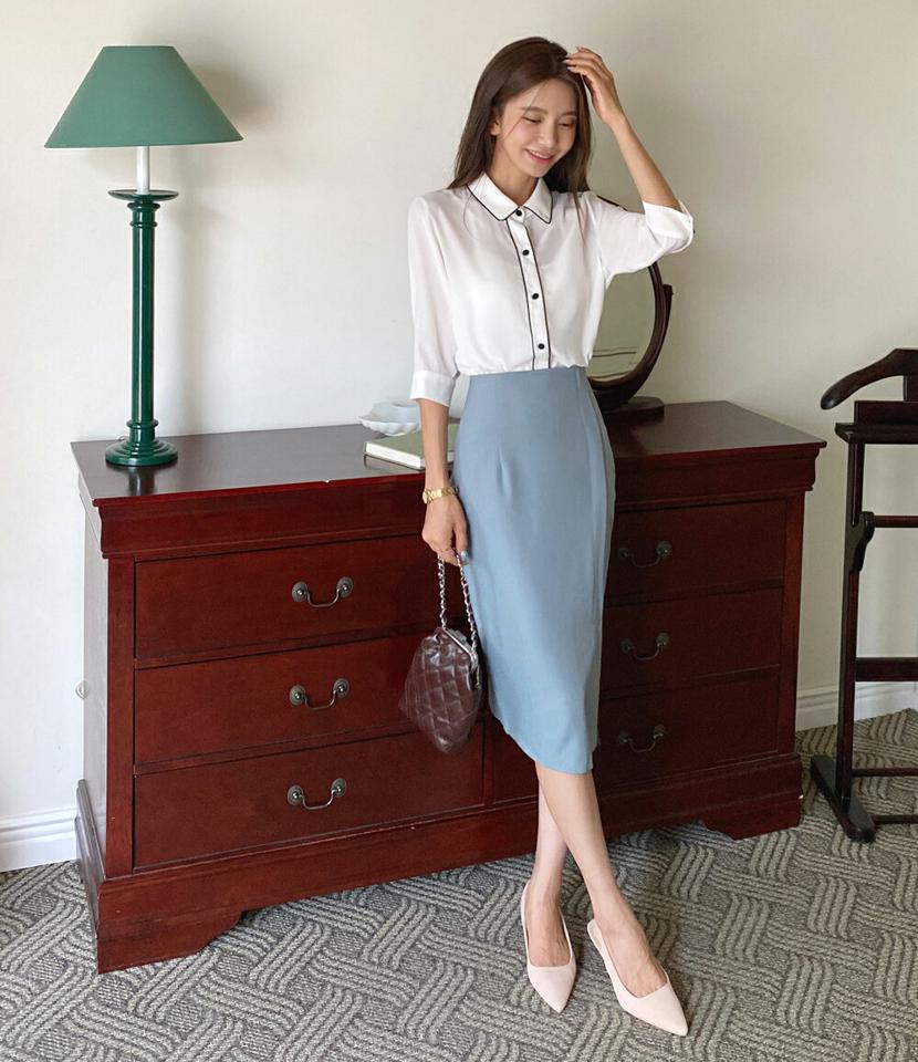 配色ラインカラーブラウス・t67525 レディース 【bl】トップス ブラウス 七分袖 七分丈 7分袖 7分丈 ライン 配色 襟 きれいめ シック 大人 オフィスカジュアル パイピング 春 秋 韓国ファッション