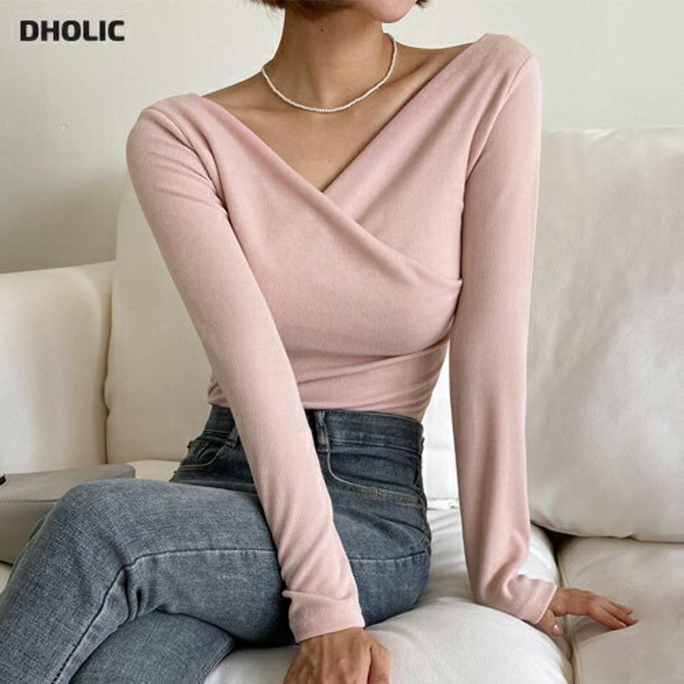 カシュクールリブTシャツ・t67054 レディース 【tops】トップス Tシャツ 長袖 カシュクール リブ デコルテ 単色 無地 シンプル 大人 きれいめ 上品 ピンク Vネック スリム 春 秋 骨格ストレート 韓国ファッション