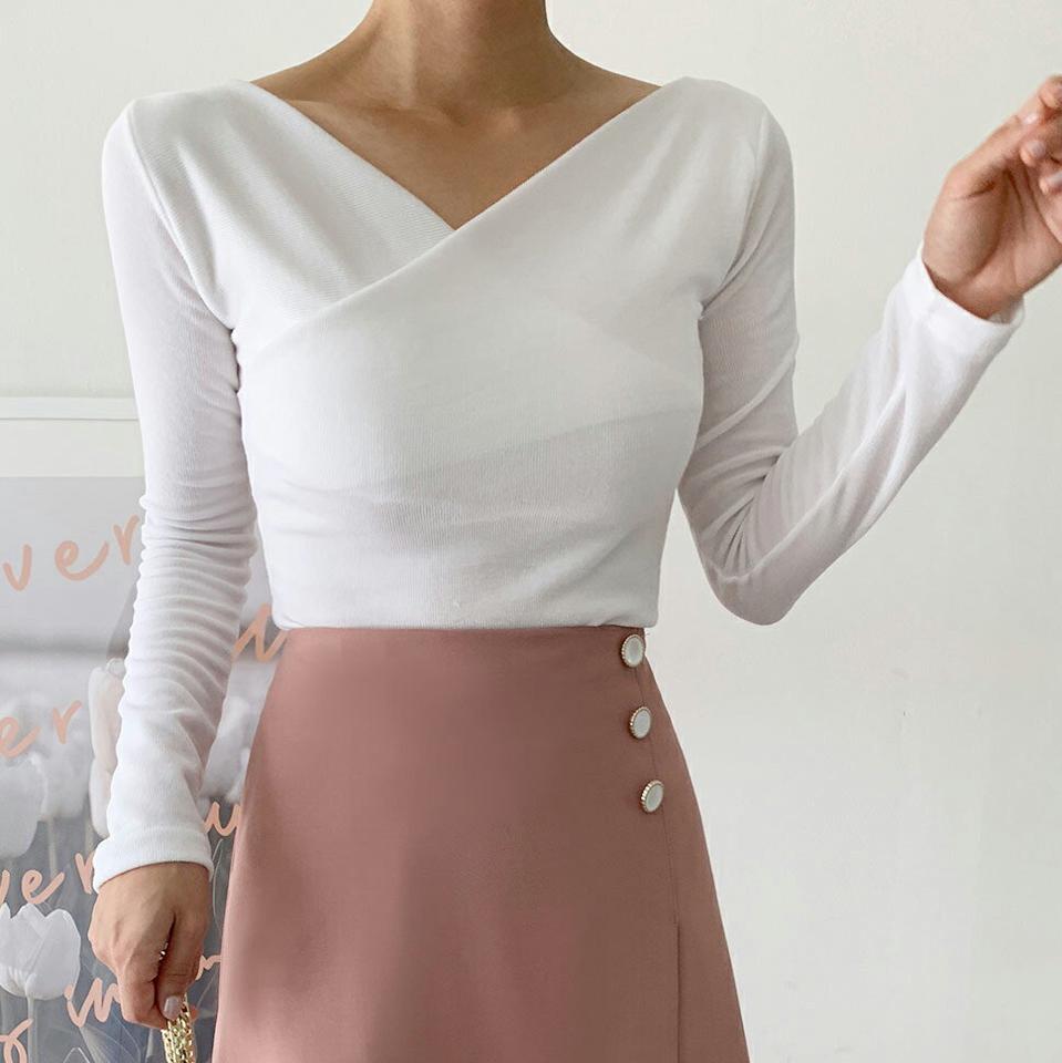 カシュクールリブTシャツ・t67054 レディース 【tops】トップス Tシャツ 長袖 カシュクール リブ デコルテ 単色 無地 シンプル 大人 きれいめ 上品 ピンク Vネック スリム 春 秋 骨格ストレート 韓国ファッション