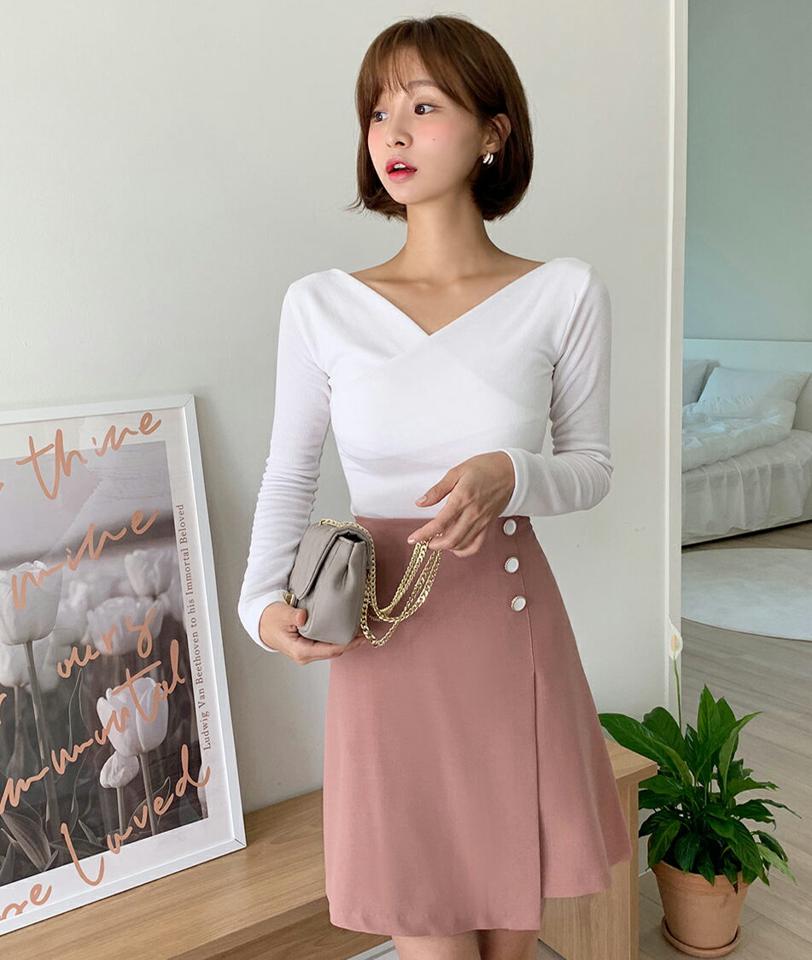 カシュクールリブTシャツ・t67054 レディース 【tops】トップス Tシャツ 長袖 カシュクール リブ デコルテ 単色 無地 シンプル 大人 きれいめ 上品 ピンク Vネック スリム 春 秋 骨格ストレート 韓国ファッション