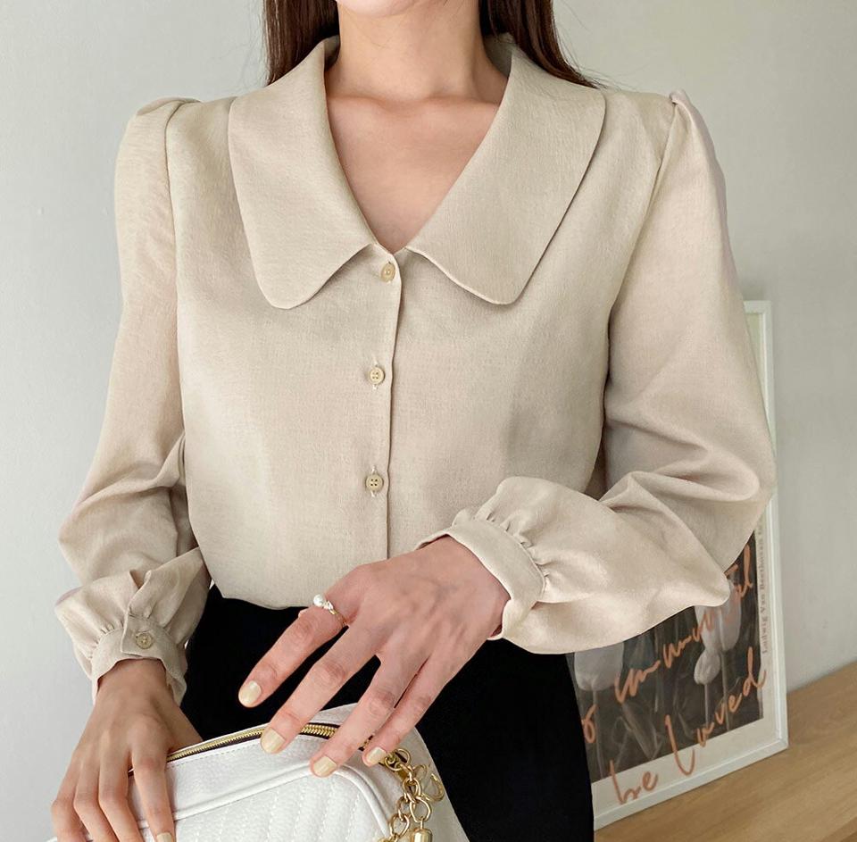 ビッグラウンドカラーブラウス・t67055 レディース 【bl】トップス ブラウス 長袖 丸襟 単色 無地 シンプル フェミニン オフィスカジュアル きれいめ パフスリーブ 大人 ベージュ 春 秋 韓国ファッション