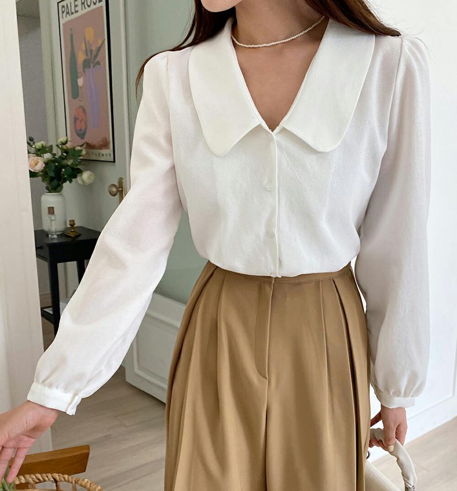 ビッグラウンドカラーブラウス・t67055 レディース 【bl】トップス ブラウス 長袖 丸襟 単色 無地 シンプル フェミニン オフィスカジュアル きれいめ パフスリーブ 大人 ベージュ 春 秋 韓国ファッション