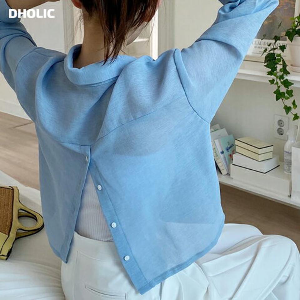 バックボタンクロップドシャツ・t67087 レディース 【bl】トップス シャツ 長袖 クロップド丈 単色 無地 シンプル ユニーク カジュアル シアー シースルー 透け感 ドロップショルダー 春 秋 韓国ファッション