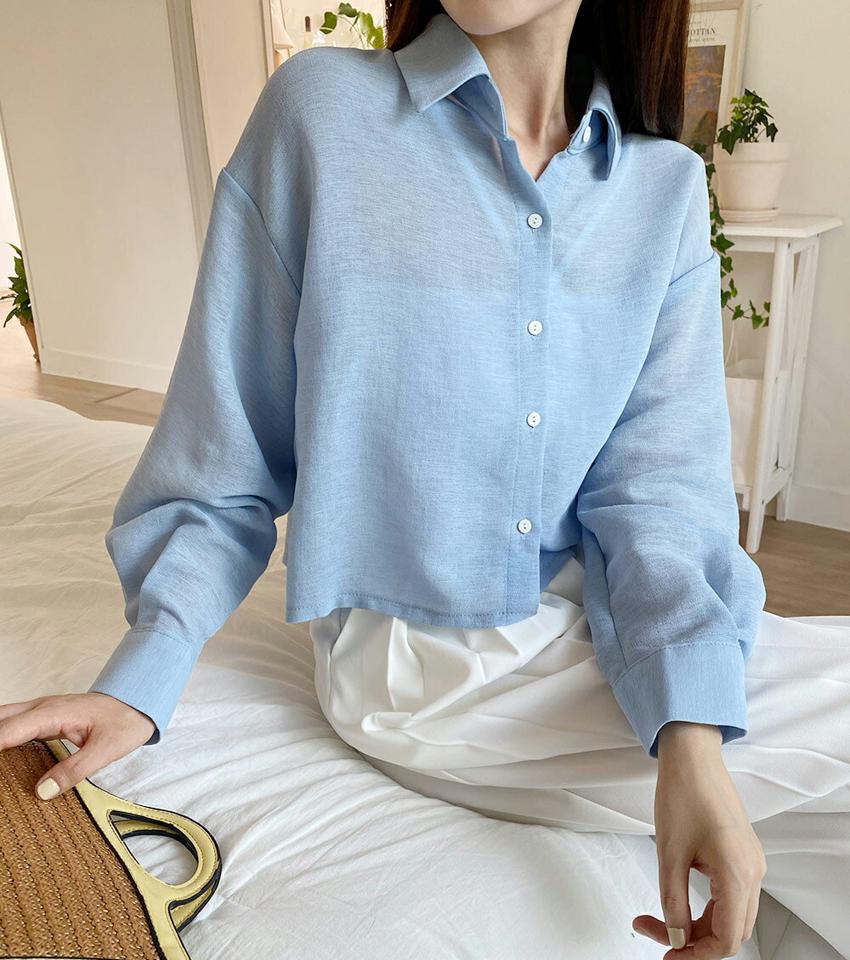 バックボタンクロップドシャツ・t67087 レディース 【bl】トップス シャツ 長袖 クロップド丈 単色 無地 シンプル ユニーク カジュアル シアー シースルー 透け感 ドロップショルダー 春 秋 韓国ファッション