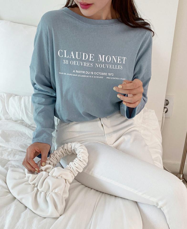 ルーズフィットレタリングTシャツ・t67053 レディース 【tops】トップス Tシャツ 長袖 ロンT ラウンドネック レタリング ロゴ カジュアル ラフ ルーズ 水色 ドロップショルダー 春 秋 韓国ファッション
