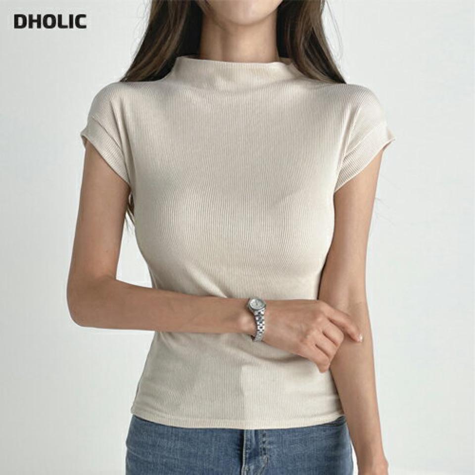 ハーフネックリブスリムTシャツ・t03163 レディース 【tops】トップス Tシャツ ハーフネック リブ スリム タイト 大人 きれいめ 単色 無地 バンドスリーブ ショートスリーブ 半袖 夏 韓国ファッション