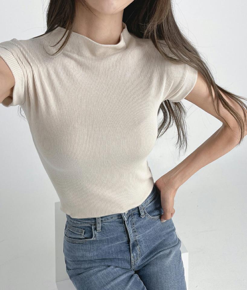 ハーフネックリブスリムTシャツ・t03163 レディース 【tops】トップス Tシャツ ハーフネック リブ スリム タイト 大人 きれいめ 単色 無地 バンドスリーブ ショートスリーブ 半袖 夏 韓国ファッション