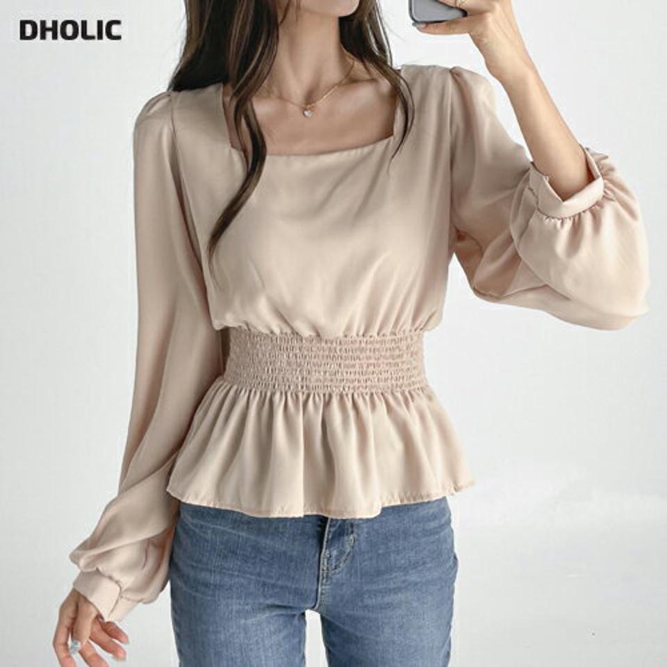 シャーリングペプラムブラウス・t03165 レディース 【bl】トップス ブラウス 長袖 シャーリング ペプラムトップス ツヤ スクエアネック デコルテ 単色 無地 シンプル ウエストゴム フェミニン かわいい パフスリーブ インしないブラウス 春 秋 韓国ファッション