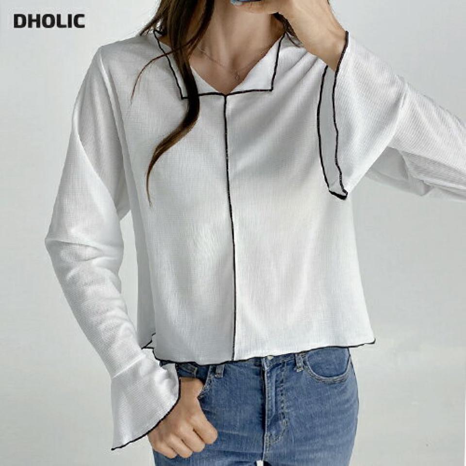 配色ベルスリーブブラウス・t03187 レディース 【bl】トップス ブラウス 長袖 袖コン ベルスリーブ フェミニン 大人 上品 きれいめ クロップド丈 春 秋 韓国ファッション