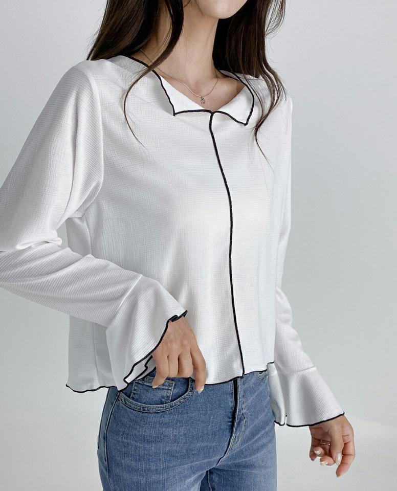 配色ベルスリーブブラウス・t03187 レディース 【bl】トップス ブラウス 長袖 袖コン ベルスリーブ フェミニン 大人 上品 きれいめ クロップド丈 春 秋 韓国ファッション