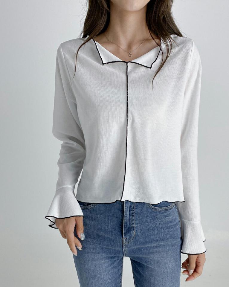 配色ベルスリーブブラウス・t03187 レディース 【bl】トップス ブラウス 長袖 袖コン ベルスリーブ フェミニン 大人 上品 きれいめ クロップド丈 春 秋 韓国ファッション