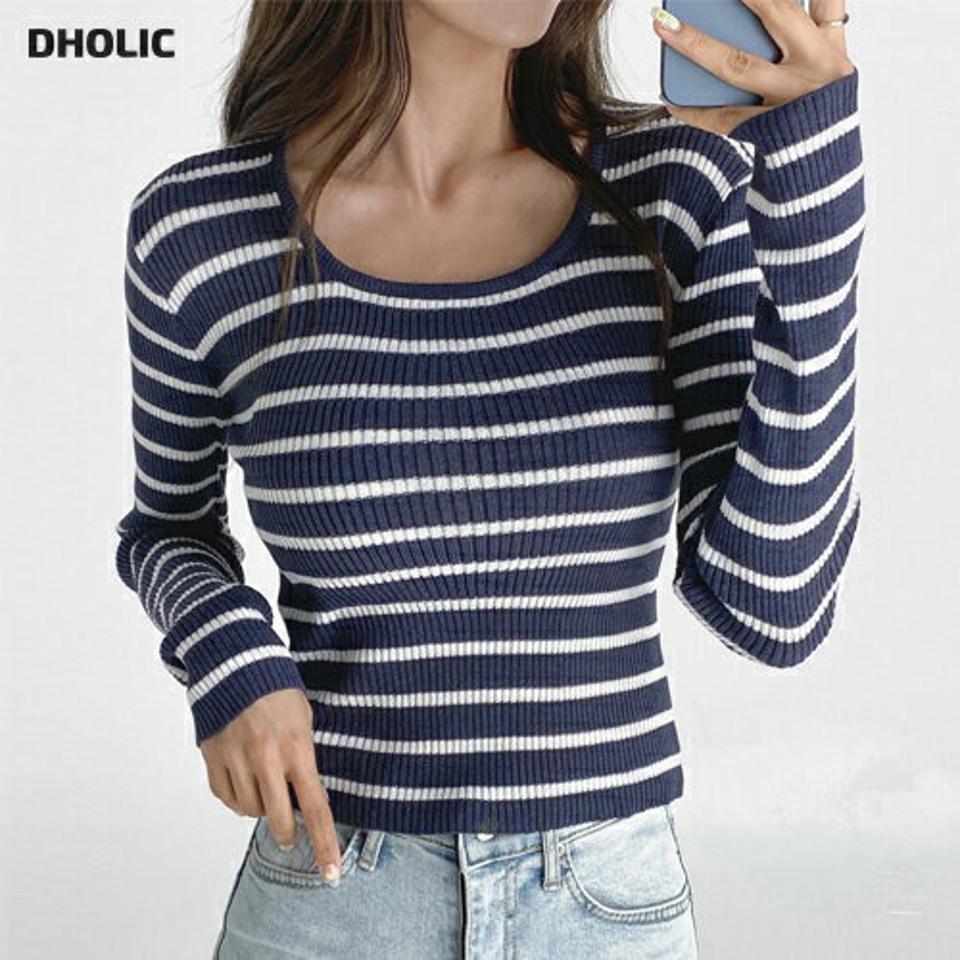 Uネックボーダーリブニット・t03180 レディース 【tops】トップス ニット 年上 長袖 ボーダー柄 Uネック リブトップス カジュアル シンプル ラフ 大人 スリム インしない 春 秋 韓国ファッション
