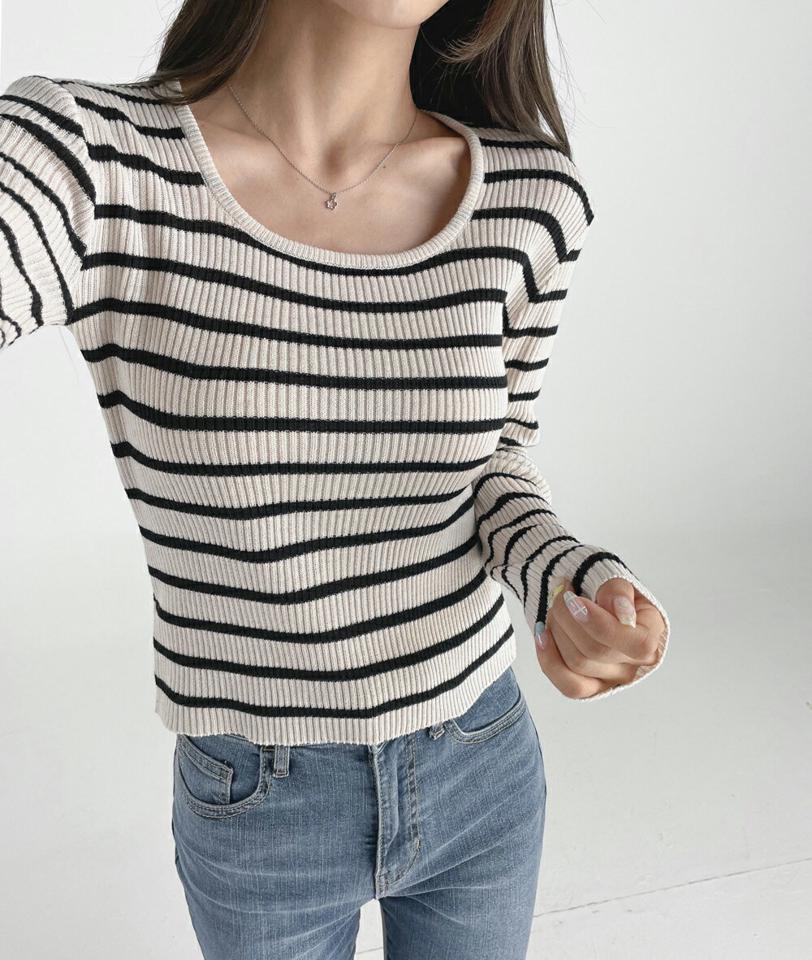 Uネックボーダーリブニット・t03180 レディース 【tops】トップス ニット 年上 長袖 ボーダー柄 Uネック リブトップス カジュアル シンプル ラフ 大人 スリム インしない 春 秋 韓国ファッション