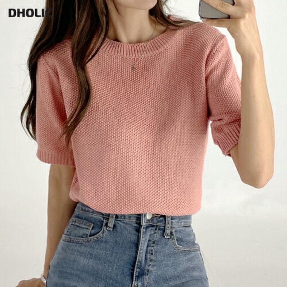 ラウンドネック半袖ニット・t03191 レディース 【tops】トップス ニット 半袖 ハーフスリーブ ラウンドネック 単色 無地 シンプル カジュアル ピンク サマーニット 春 夏 韓国ファッション