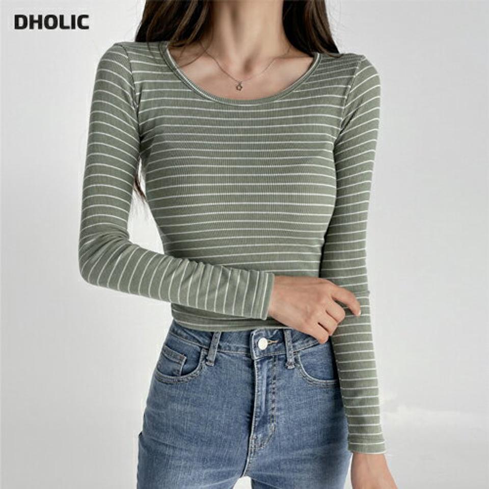 リブボーダーTシャツ・t03156 レディース 【tops】トップス Tシャツ 長袖 ボーダー柄 ラウンドネック タイト スリム リブトップス シンプル カジュアル 春 秋 韓国ファッション