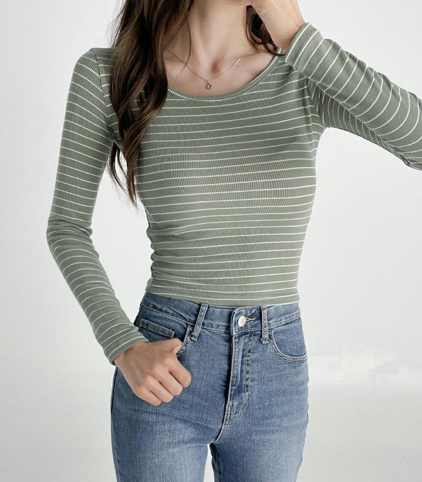 リブボーダーTシャツ・t03156 レディース 【tops】トップス Tシャツ 長袖 ボーダー柄 ラウンドネック タイト スリム リブトップス シンプル カジュアル 春 秋 韓国ファッション