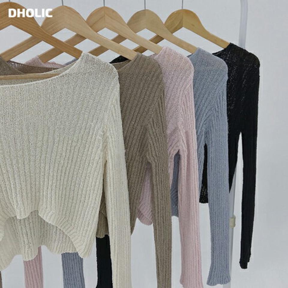 アンバランスリブクロップドニット・t03174 レディース 【tops】トップス ニット 長袖 クロップド丈 リブ 短丈 アンバランス ラウンドネック シンプル 単色 無地 くすみ カジュアル 春 秋 韓国ファッション