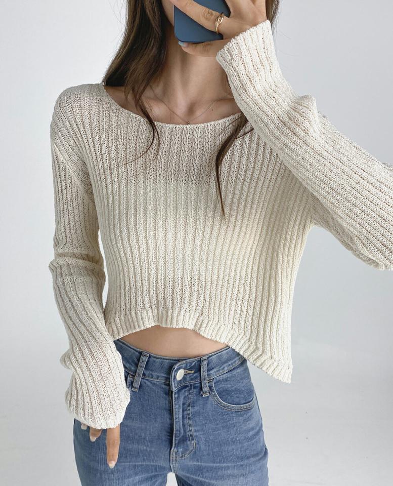 アンバランスリブクロップドニット・t03174 レディース 【tops】トップス ニット 長袖 クロップド丈 リブ 短丈 アンバランス ラウンドネック シンプル 単色 無地 くすみ カジュアル 春 秋 韓国ファッション