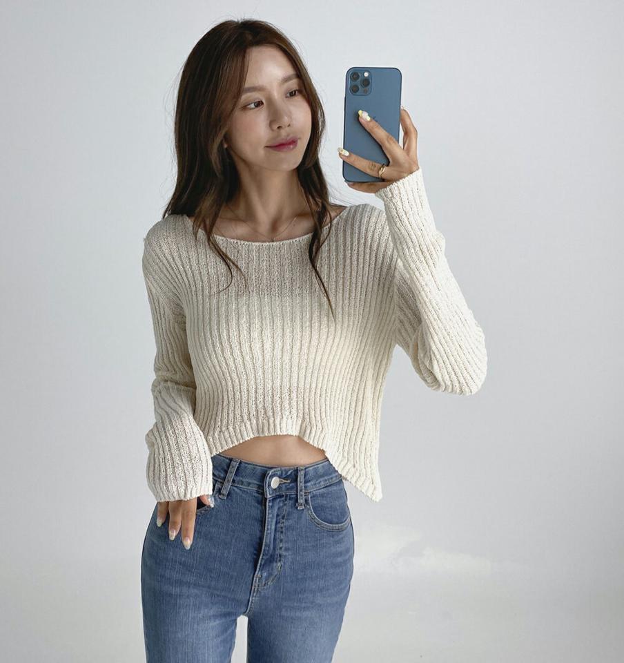 アンバランスリブクロップドニット・t03174 レディース 【tops】トップス ニット 長袖 クロップド丈 リブ 短丈 アンバランス ラウンドネック シンプル 単色 無地 くすみ カジュアル 春 秋 韓国ファッション