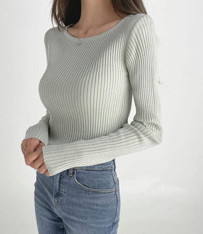 ラウンドネックリブスリムニット・t03178 レディース 【tops】トップス ニット 長袖 リブ ラウンドネック 単色 無地 シンプル カジュアル ベーシック スリム タイト くすみ 春 秋 韓国ファッション