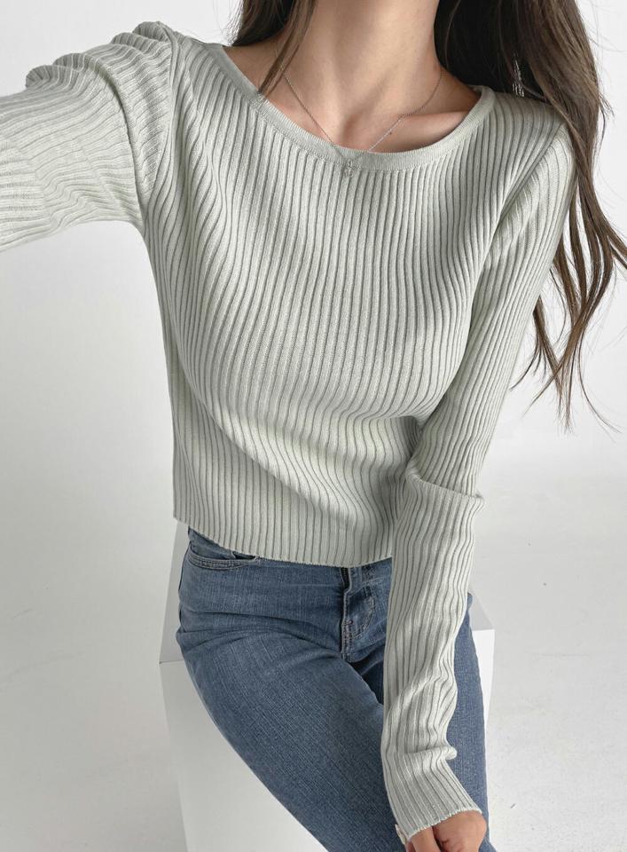 ラウンドネックリブスリムニット・t03178 レディース 【tops】トップス ニット 長袖 リブ ラウンドネック 単色 無地 シンプル カジュアル ベーシック スリム タイト くすみ 春 秋 韓国ファッション