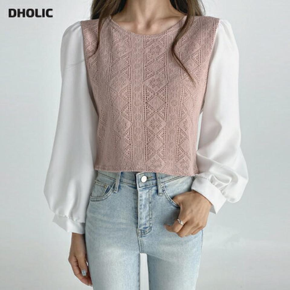 パンチングニット配色ブラウス・t03193 レディース 【bl】トップス ブラウス 長袖 ニット 異素材 フェミニン かわいい 可愛い ラウンドネック 袖コン 大人 ピンク 春 秋 韓国ファッション