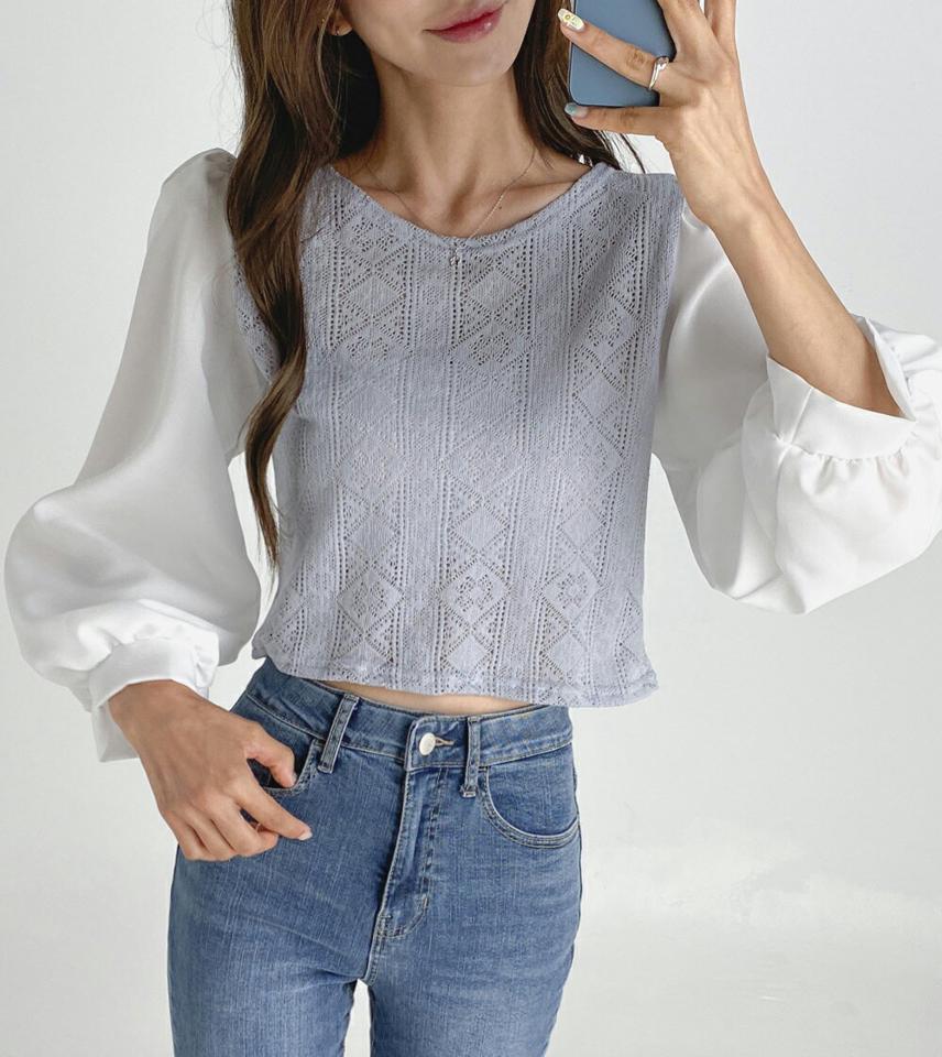 パンチングニット配色ブラウス・t03193 レディース 【bl】トップス ブラウス 長袖 ニット 異素材 フェミニン かわいい 可愛い ラウンドネック 袖コン 大人 ピンク 春 秋 韓国ファッション