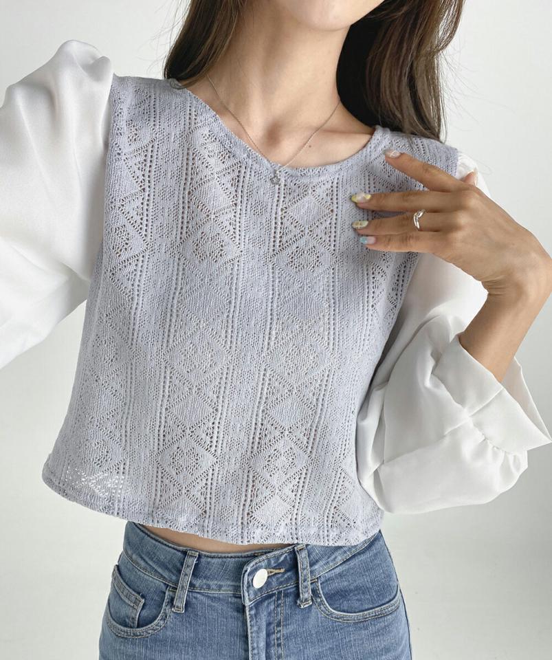 パンチングニット配色ブラウス・t03193 レディース 【bl】トップス ブラウス 長袖 ニット 異素材 フェミニン かわいい 可愛い ラウンドネック 袖コン 大人 ピンク 春 秋 韓国ファッション