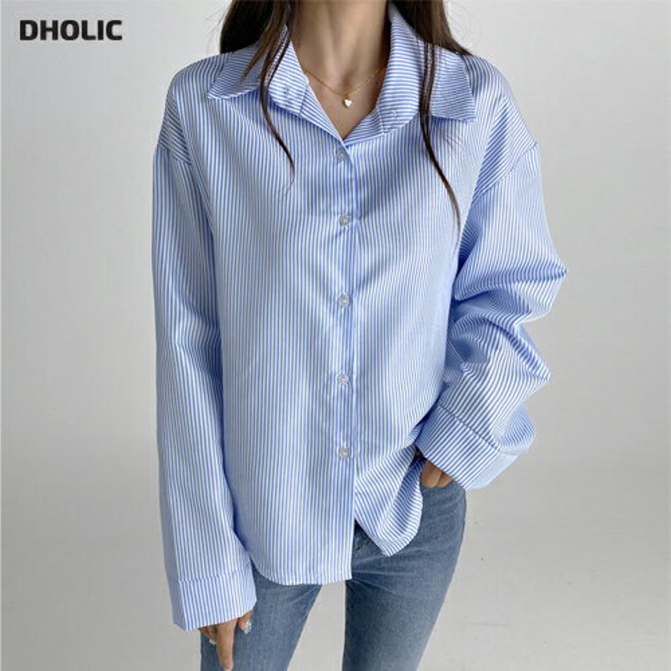 ピンストライプシャツ・t03166 レディース 【bl】トップス シャツ 長袖 ストライプ柄 襟 爽やか 大人 カジュアル 水色 ドロップショルダー オフィスカジュアル きれいめ 春 秋 人気 韓国ファッション