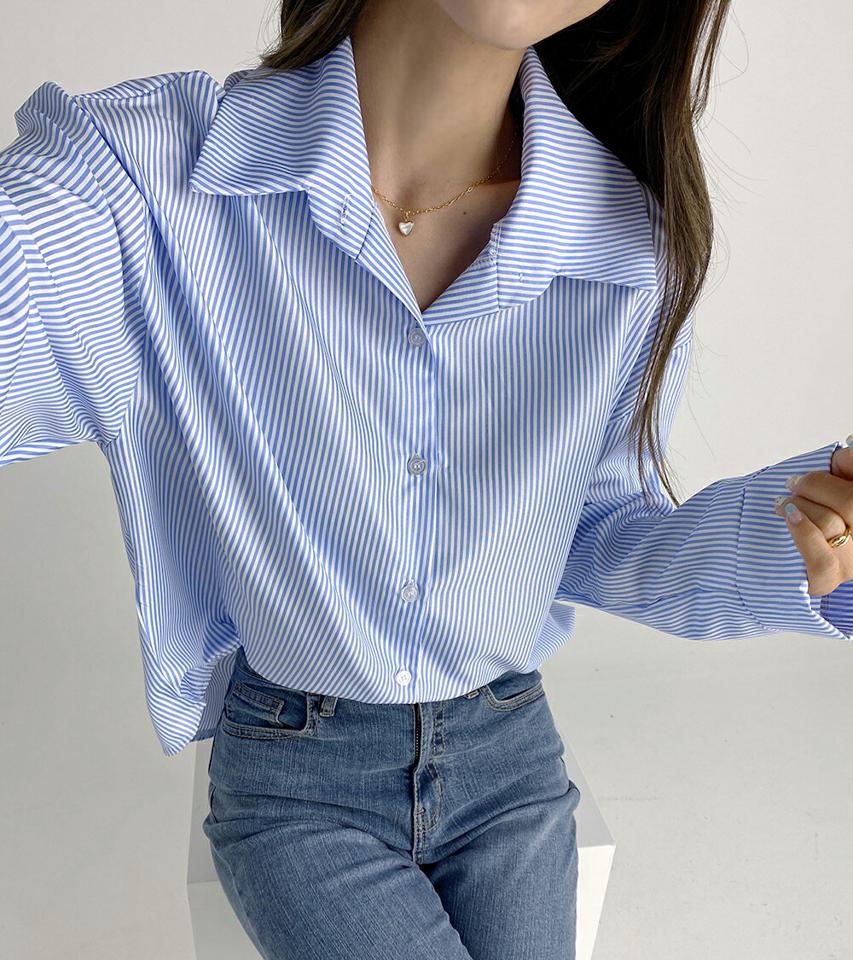 ピンストライプシャツ・t03166 レディース 【bl】トップス シャツ 長袖 ストライプ柄 襟 爽やか 大人 カジュアル 水色 ドロップショルダー オフィスカジュアル きれいめ 春 秋 人気 韓国ファッション