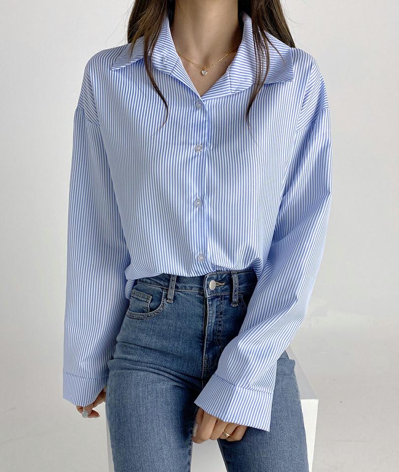 ピンストライプシャツ・t03166 レディース 【bl】トップス シャツ 長袖 ストライプ柄 襟 爽やか 大人 カジュアル 水色 ドロップショルダー オフィスカジュアル きれいめ 春 秋 人気 韓国ファッション