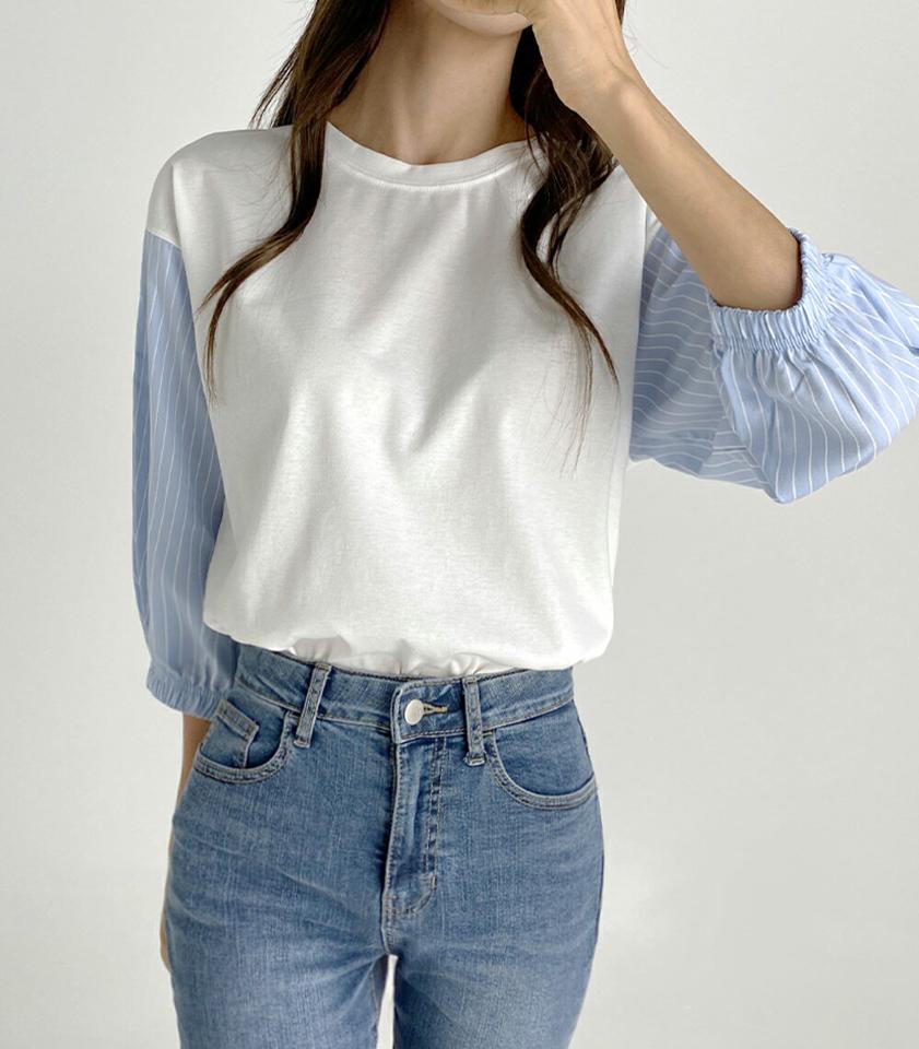 ストライプスリーブTシャツ・b03177 レディース 【tops】トップス Tシャツ ストライプ柄 爽やか ラウンドネック 袖コン 異素材 七分袖 七分丈 7分袖 7分丈 大人 カジュアル 春 秋 韓国ファッション