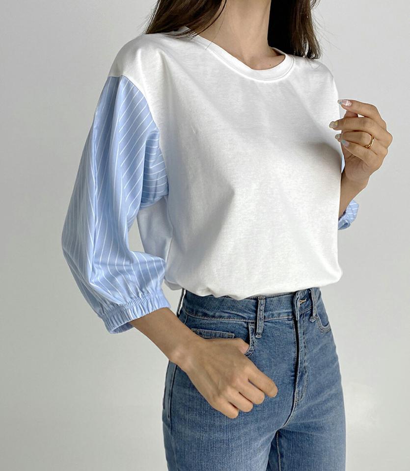 ストライプスリーブTシャツ・b03177 レディース 【tops】トップス Tシャツ ストライプ柄 爽やか ラウンドネック 袖コン 異素材 七分袖 七分丈 7分袖 7分丈 大人 カジュアル 春 秋 韓国ファッション