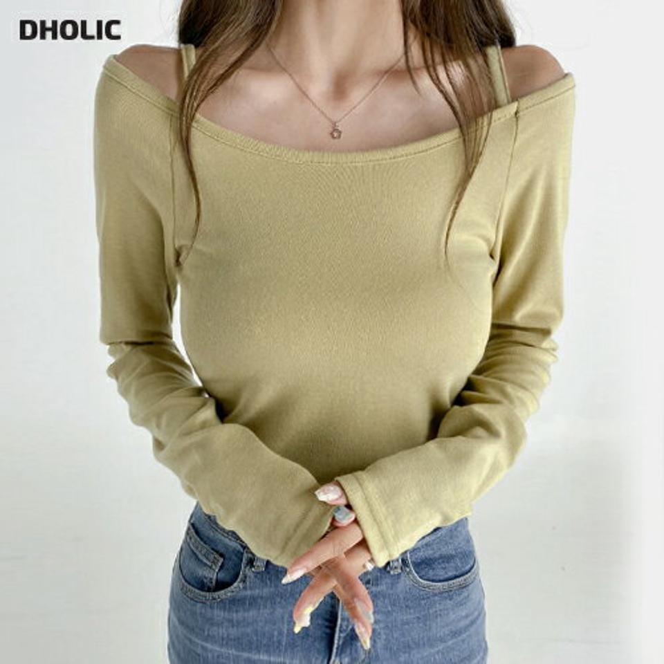 オフショルダーTシャツ・t03161 レディース 【tops】トップス Tシャツ 長袖 ロンT 肩出し 単色 無地 シンプル カジュアル オフショルダー オープンショルダー 肩紐 ヒモ カジュアル 黄色 くすみ 春 秋 韓国ファッション