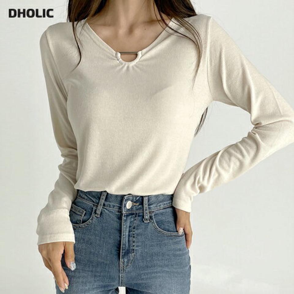 DリングポイントTシャツ・t03168 レディース 【tops】トップス Tシャツ 長袖 胸元 ポイント 単色 無地 シンプル 大人 フェミニン クロップド丈 春 秋 韓国ファッション