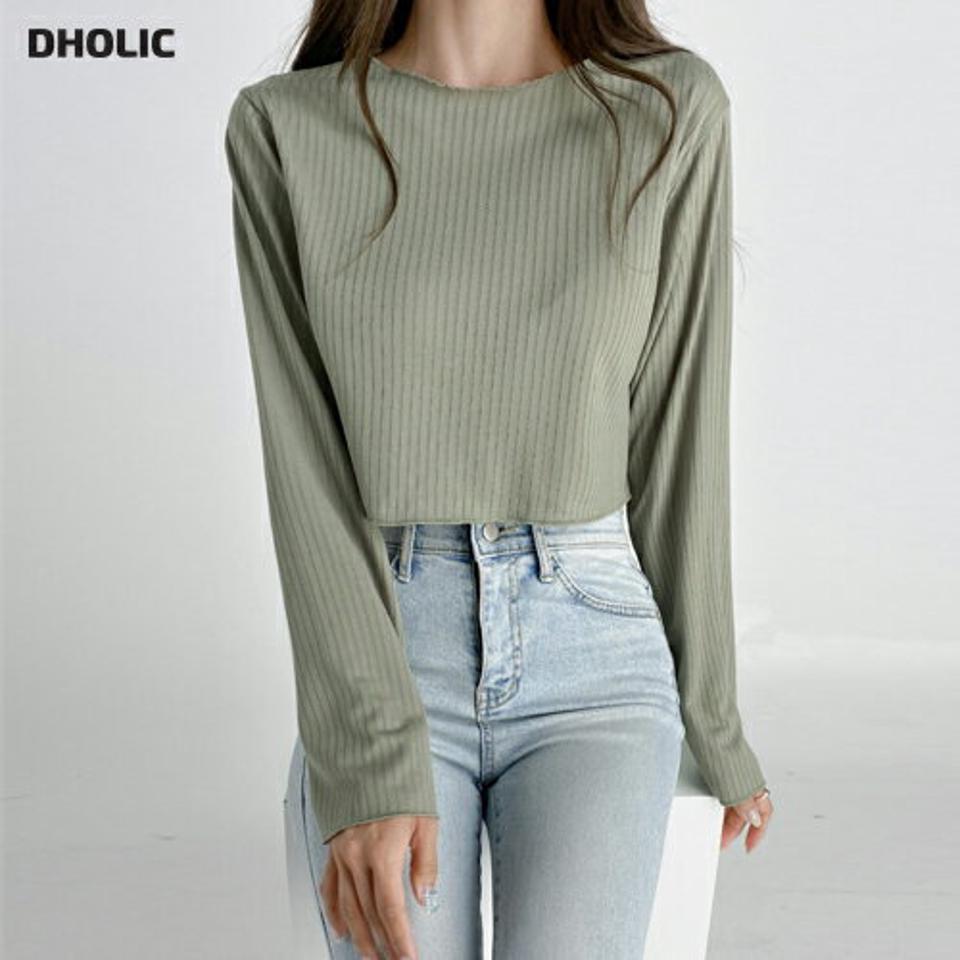 リブクロップドTシャツ・t03186 レディース 【tops】トップス ロンT 長袖 Tシャツ リブ クロップド丈 短丈 単色 無地 シンプル カジュアル ラウンドネック 緑 くすみ 大人 春 秋 韓国ファッション