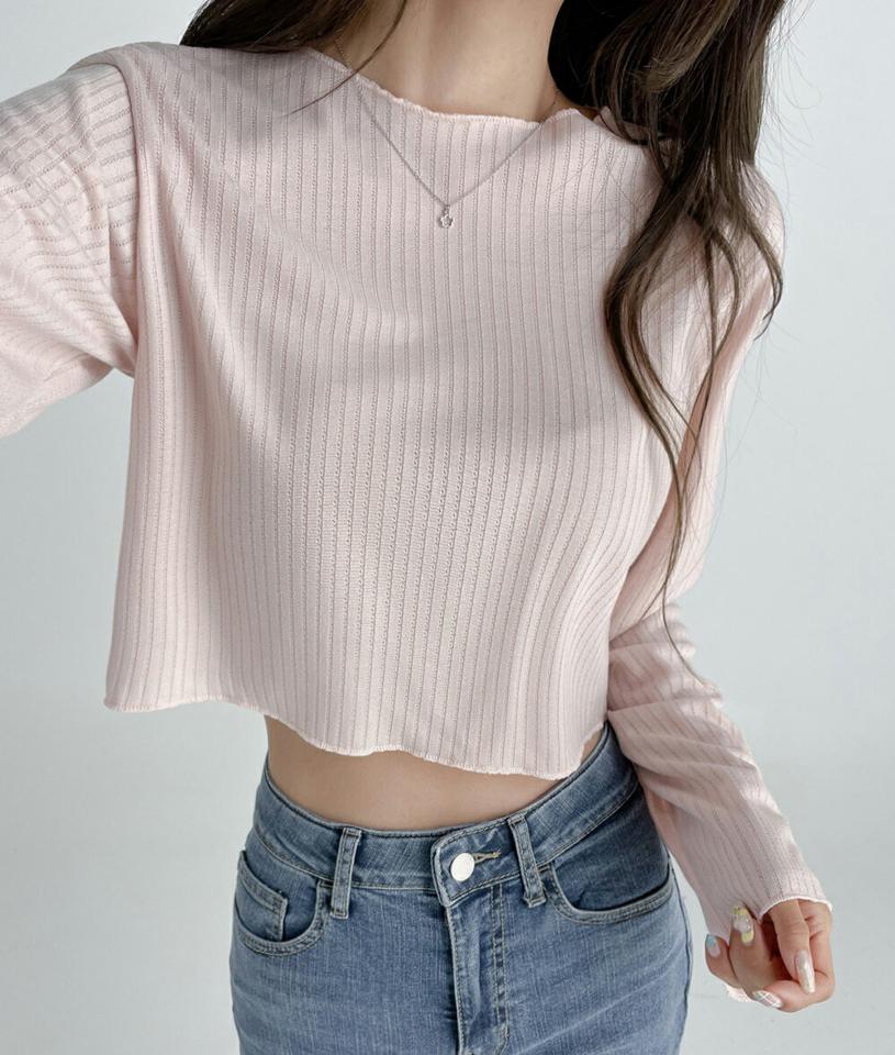 リブクロップドTシャツ・t03186 レディース 【tops】トップス ロンT 長袖 Tシャツ リブ クロップド丈 短丈 単色 無地 シンプル カジュアル ラウンドネック 緑 くすみ 大人 春 秋 韓国ファッション