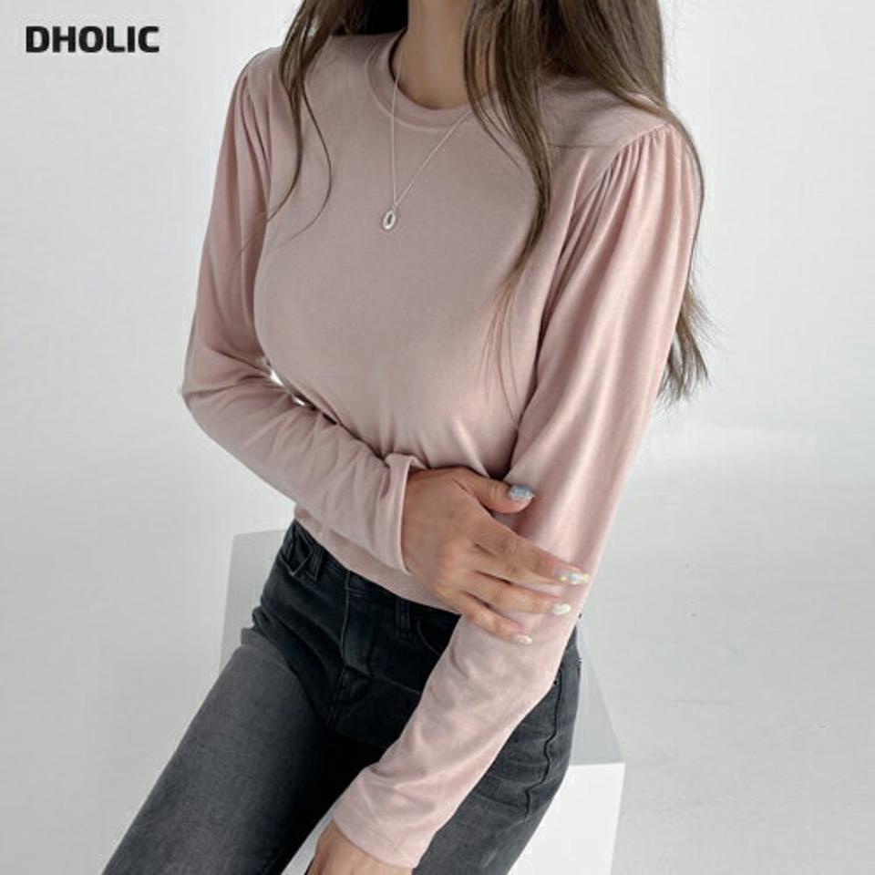 ショルダーギャザーTシャツ・t03157 レディース 【tops】トップス Tシャツ 長袖 ロンT 単色 無地 シンプル ベーシック ギャザー カジュアル 袖コン ラウンドネック ピンク くすみ 大人 春 秋 韓国ファッション 人気