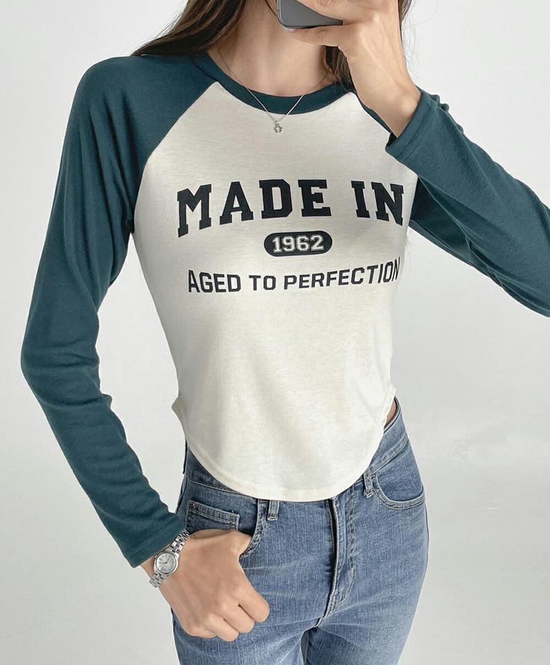 MADE INラグラン配色Tシャツ・t03169 レディース 【tops】トップス Tシャツ ロンT 長袖 ロゴ レタリング ラグランスリーブ カジュアル ラフ 配色 春 秋 韓国ファッション