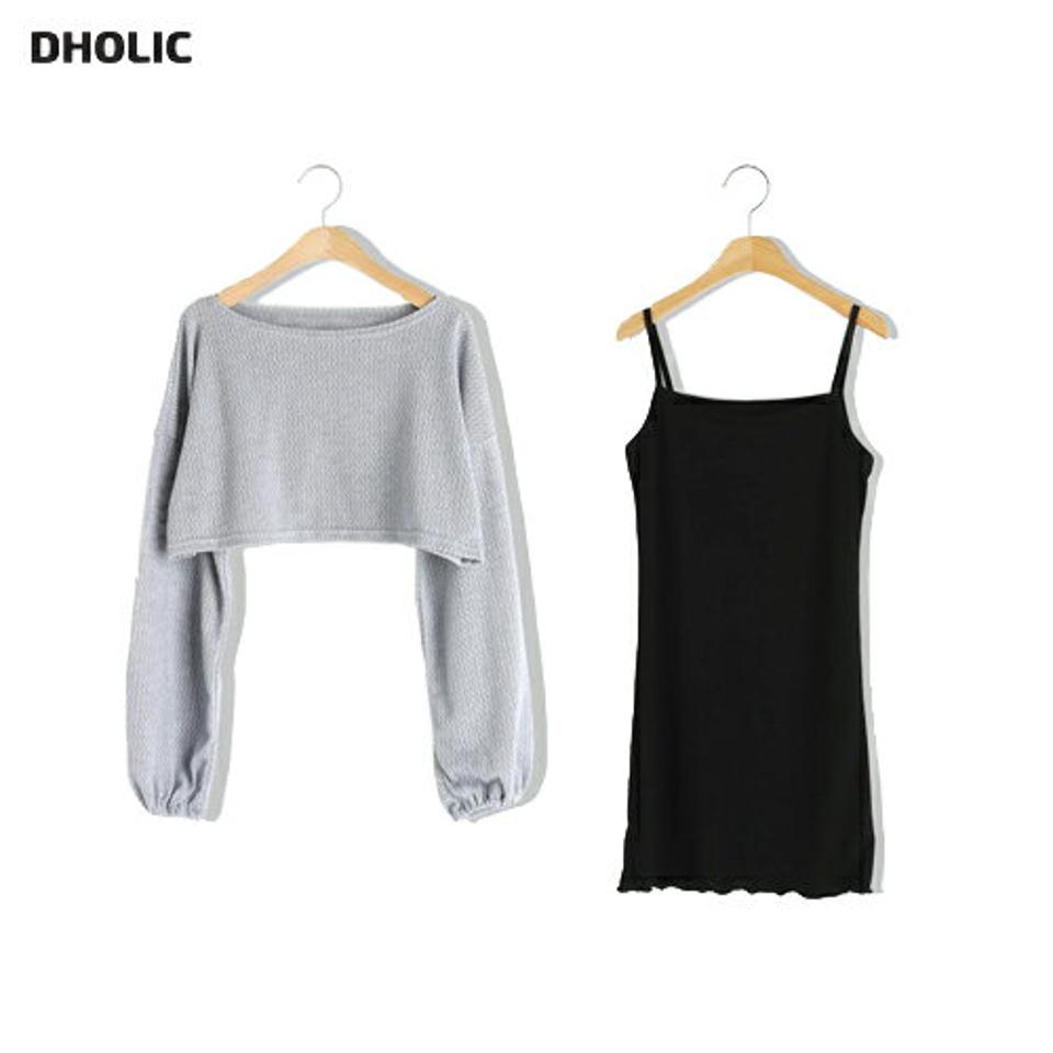 クロップドTシャツ&キャミワンピースSET・t03189 レディース 【tops】セットアップ setup トップス Tシャツ ロンT 長袖 クロップド丈 ミニワンピース ショート丈 スリーブレス ノースリーブ キャミソール 無地 シンプル 春 夏 秋 韓国ファッション