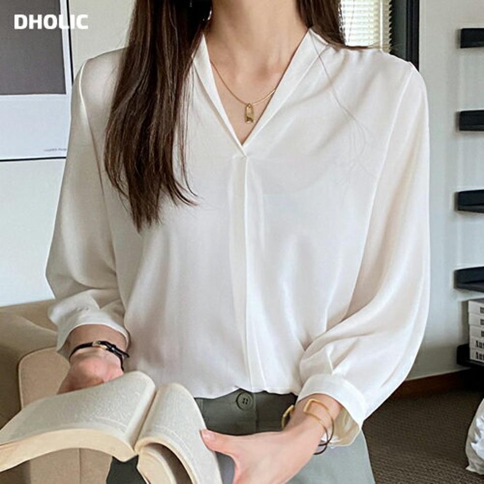 ショールカラーブラウス・t00974 レディース 【bl】ブラウス トップス 7分袖 七分袖 単色 無地 シンプル ベーシック Vネック オフィスカジュアル 鎖骨 デコルテ パフ 春 秋 フェミニン 大人 上品 きれいめ 白 ホワイト 韓国ファッション HIHOLLI