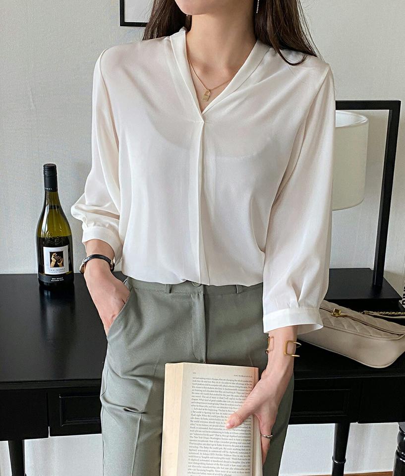 ショールカラーブラウス・t00974 レディース 【bl】ブラウス トップス 7分袖 七分袖 単色 無地 シンプル ベーシック Vネック オフィスカジュアル 鎖骨 デコルテ パフ 春 秋 フェミニン 大人 上品 きれいめ 白 ホワイト 韓国ファッション HIHOLLI