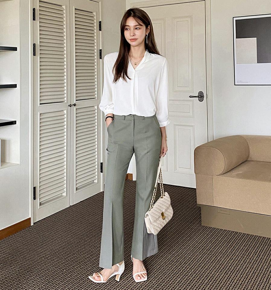 ショールカラーブラウス・t00974 レディース 【bl】ブラウス トップス 7分袖 七分袖 単色 無地 シンプル ベーシック Vネック オフィスカジュアル 鎖骨 デコルテ パフ 春 秋 フェミニン 大人 上品 きれいめ 白 ホワイト 韓国ファッション HIHOLLI