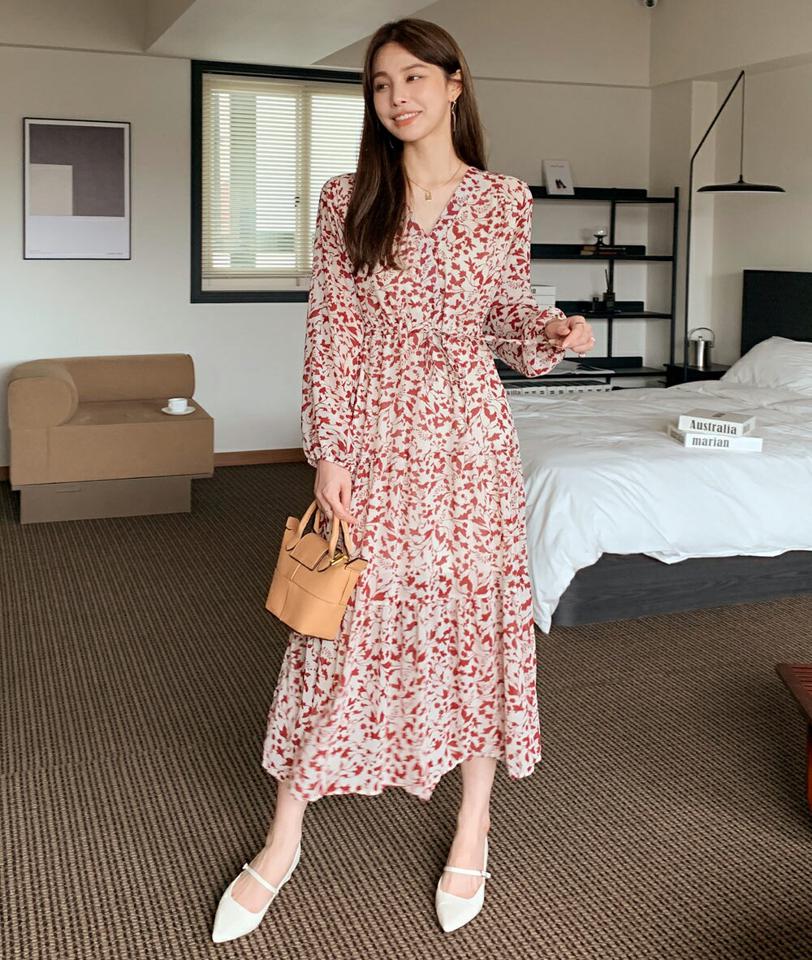 ストリングVネック花柄ワンピース・b00984 レディース 【ops】ワンピース ロング丈 柄 模様 Vネック 鎖骨 デコルテ 体型カバー 花柄 カシュクール パフ袖 7分袖 七分袖 ウエストマーク 春 秋 フェミニン 赤 韓国ファッション ハイホリHIHOLLI