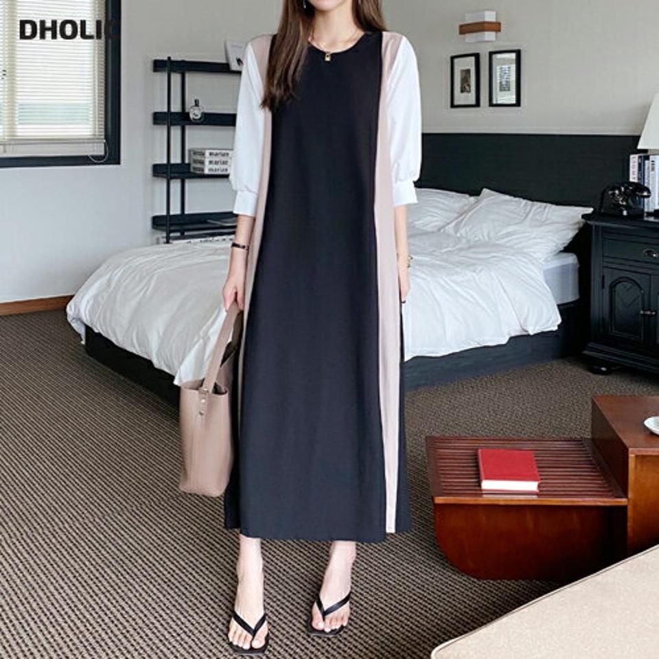 ≪人気商品再入荷≫配色ラインワンピース・t00985 レディース 【ops】ワンピース ロング丈 配色 七分袖 7分袖 パフスリーブ オーバーサイズ 体型カバー Aライン 異素材 春 秋 上品 オフィス 骨格ストレート 韓国ファッション HIHOLLI 人気