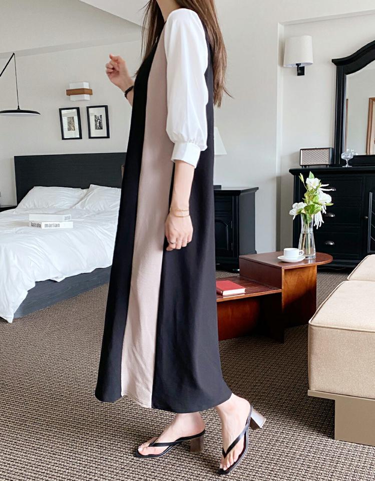 ≪人気商品再入荷≫配色ラインワンピース・t00985 レディース 【ops】ワンピース ロング丈 配色 七分袖 7分袖 パフスリーブ オーバーサイズ 体型カバー Aライン 異素材 春 秋 上品 オフィス 骨格ストレート 韓国ファッション HIHOLLI 人気