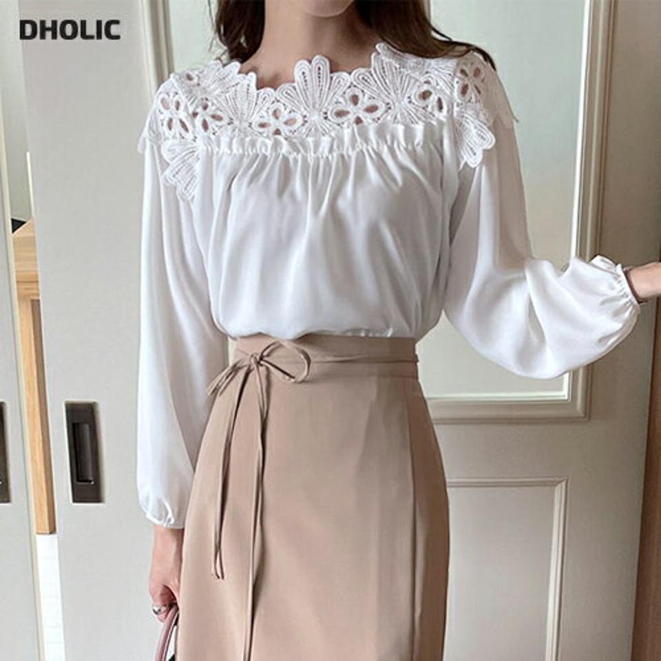 ショルダーフラワーレースブラウス・b00981 レディース 【bl】ブラウス トップス 単色 柄 模様 レース フラワー パフ袖 パフスリーブ 前後着用 7分袖 七分袖 ネックフリル 春 夏 フェミニン 上品 白 人気 韓国ファッション ハイホリHIHOLLI