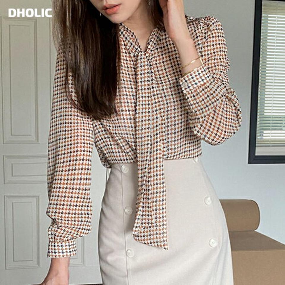 ハウンドトゥースボウタイブラウス・b00980 レディース 【bl】ブラウス トップス 柄 模様 長袖 ボウタイ タイ オフィスカジュアル チェック Vネック ハーフネック パフ袖 パフスリーブ 春 秋 フェミニン 上品 韓国ファッション HIHOLLI 人気